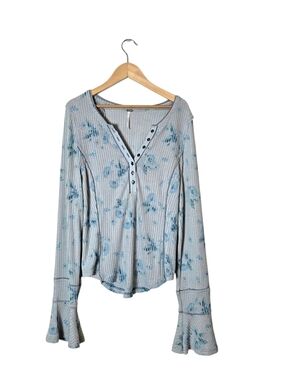 NWT Free People Layer Me Henley Top L Floral Bell Sleeve Boho Y2K Fitted  Preppy